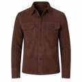 Men's dark brown suede overshirt jacket with shirt collar and dual chest flap pockets