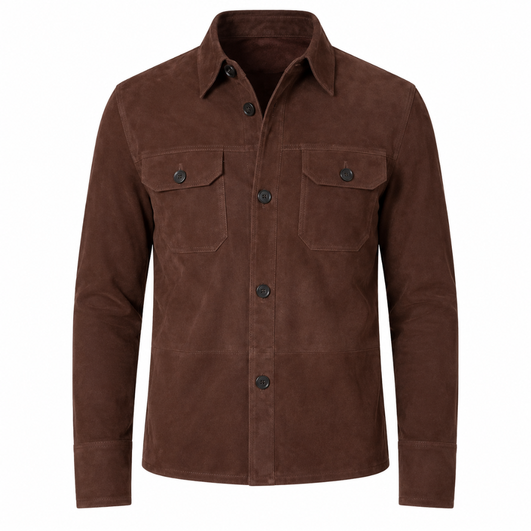 Men's dark brown suede overshirt jacket with shirt collar and dual chest flap pockets