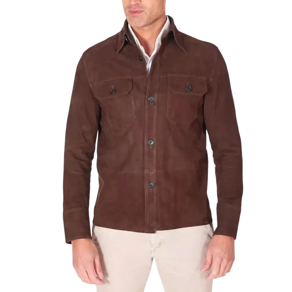 Men's Premium Brown Original Suede Leather Shirt — Dual Chest Pockets