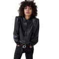 Women's black leather puff sleeve button-down shirt with dramatic volume shoulders