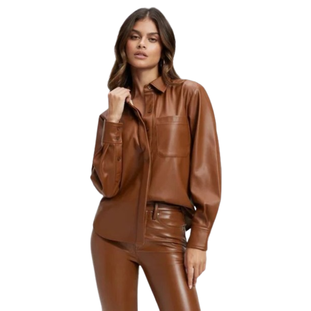 Women's tan brown leather shirt with relaxed fit, chest pockets and button-down front