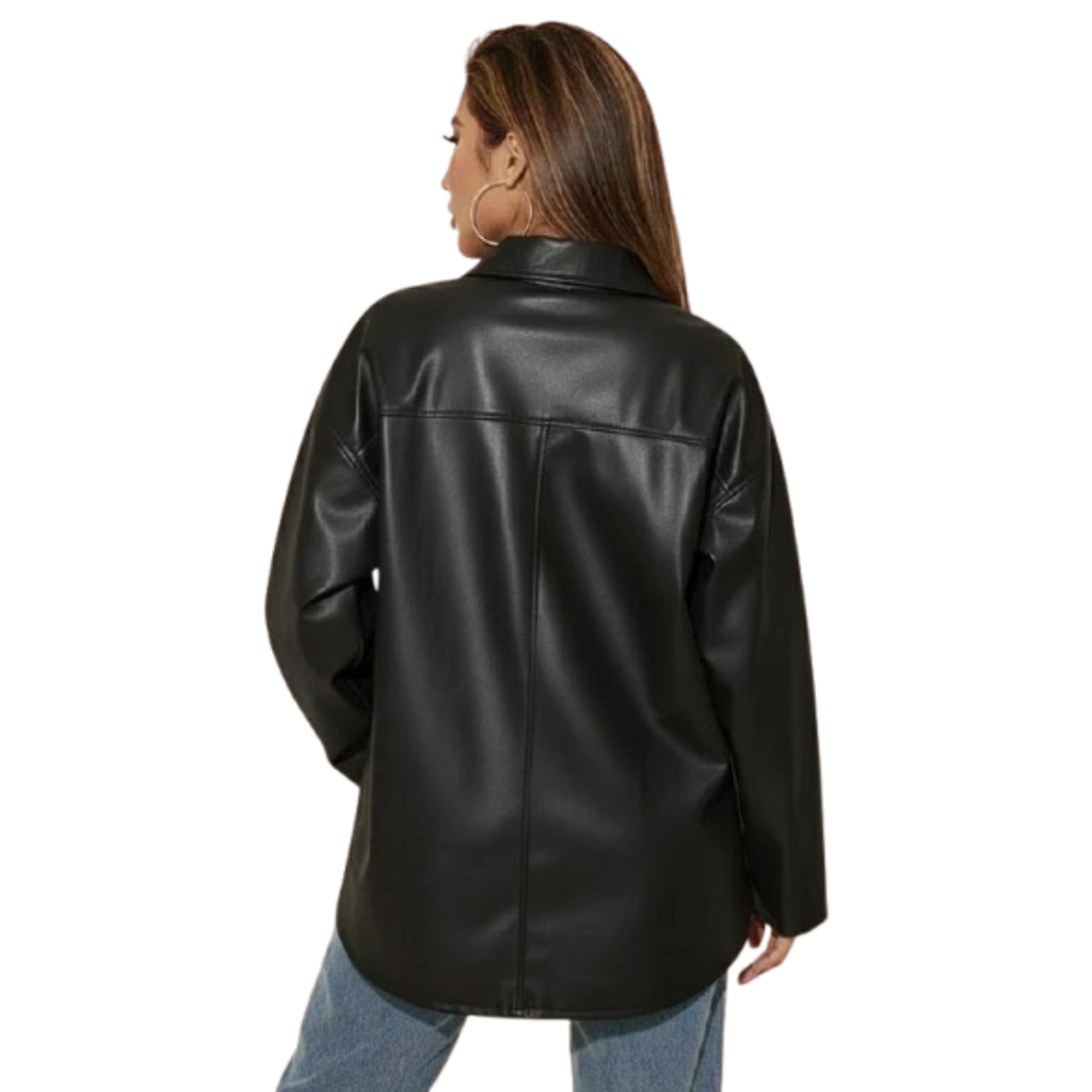 Women's Premium Black Oversized Original Leather Shacket — Drop Shoulder, Side Pockets