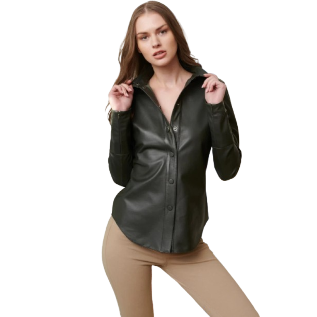 Women's black leather button-down shirt with fitted silhouette and open V-collar