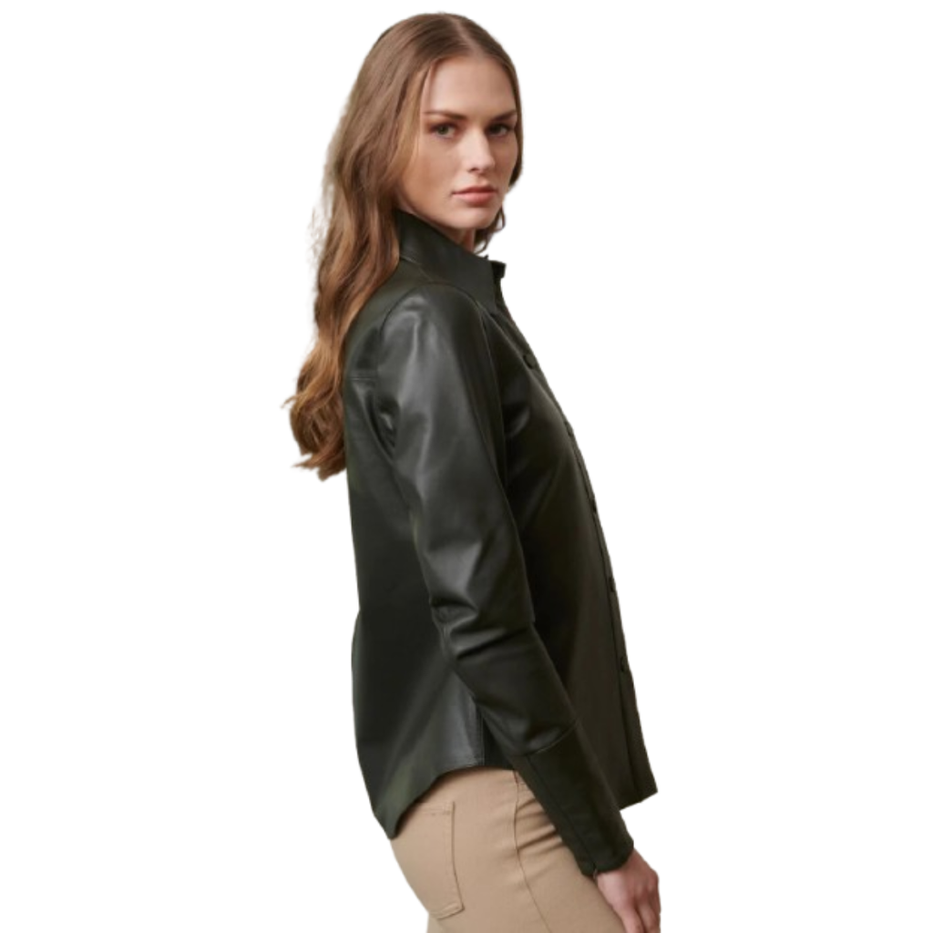 Women's Premium Black Original Leather Button-Down Shirt — Fitted, Open Collar