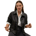 Women's black leather utility shacket with contrast stitching and patch chest pockets