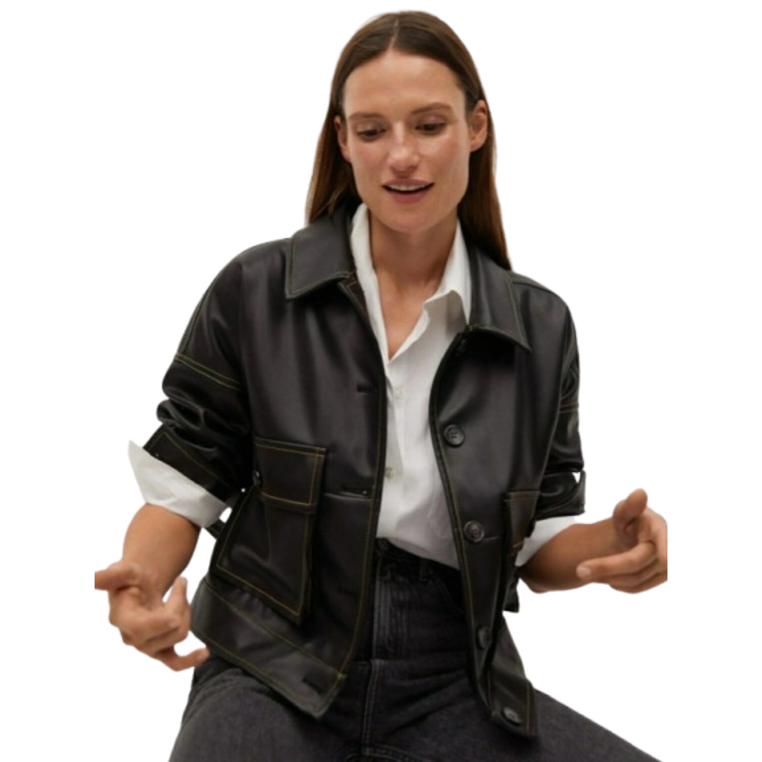 Women's black leather utility shacket with contrast stitching and patch chest pockets