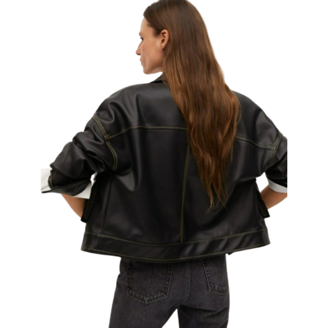 Women's Premium Black Original Leather Utility Shacket — Contrast Stitch, Patch Pockets