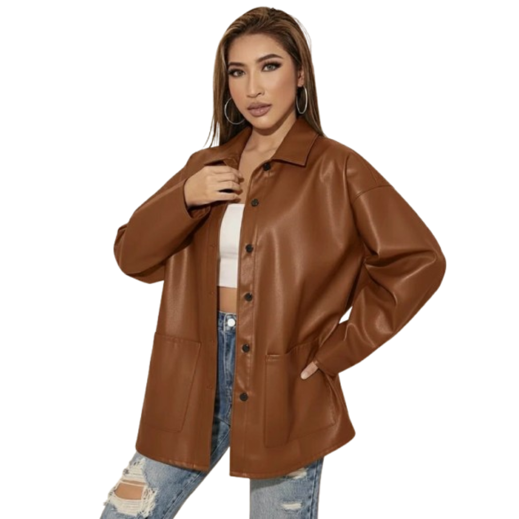 Women's Premium Brown Oversized Original Leather Shacket — Drop Shoulder, Side Pockets