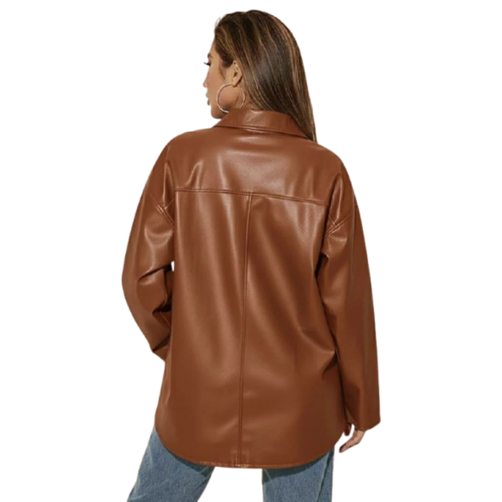 Women's Premium Brown Oversized Original Leather Shacket — Drop Shoulder, Side Pockets