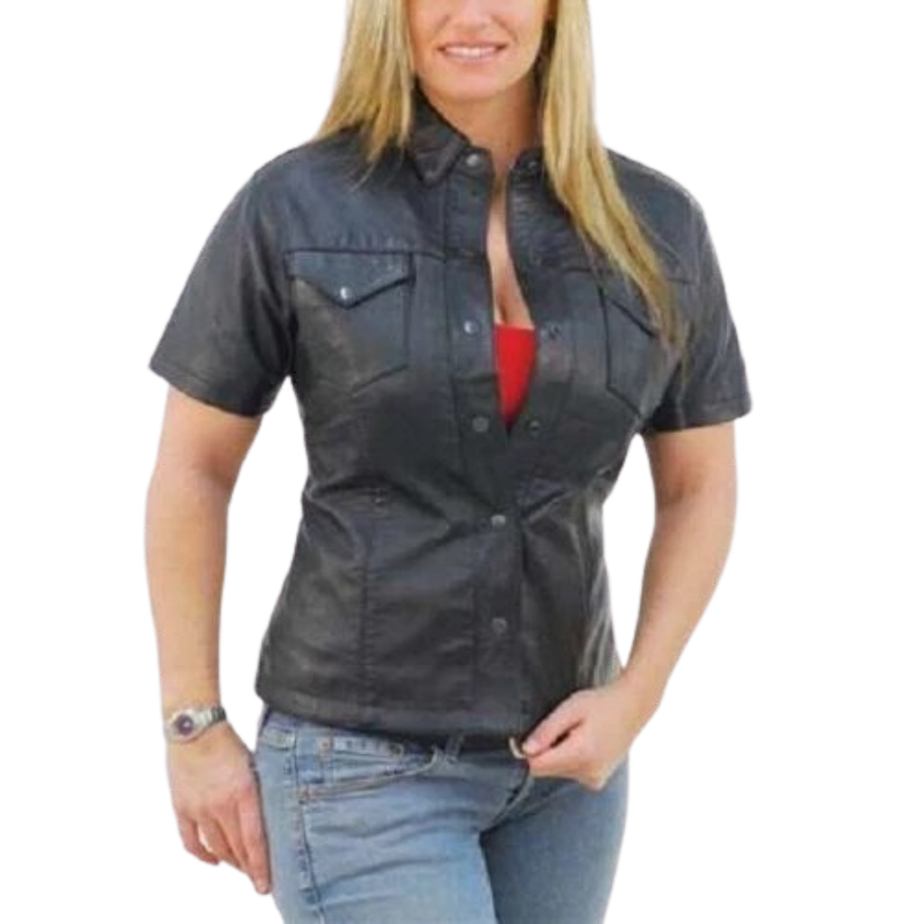Women's black leather short sleeve shirt with snap button chest pockets and fitted silhouette