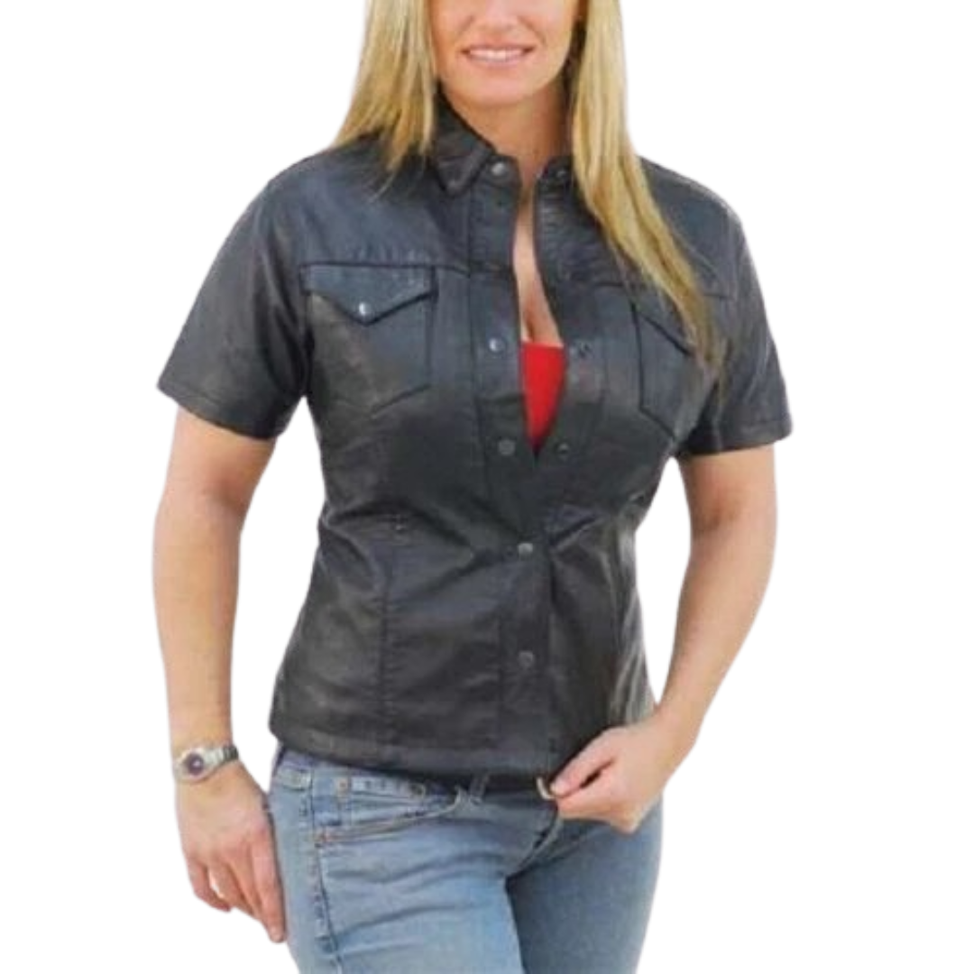 Women's black leather short sleeve shirt with snap button chest pockets and fitted silhouette