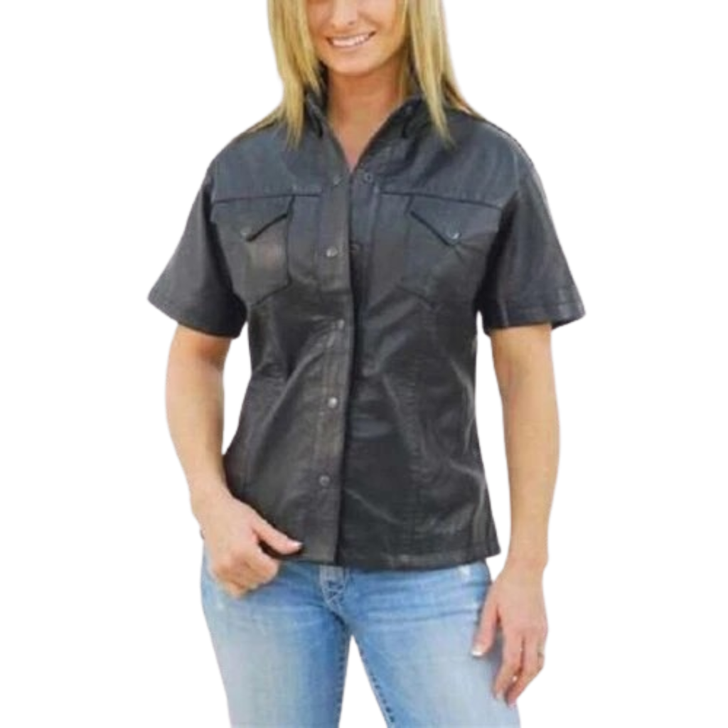 Women's Premium Black Original Leather Short Sleeve Shirt — Snap Buttons, Chest Pockets