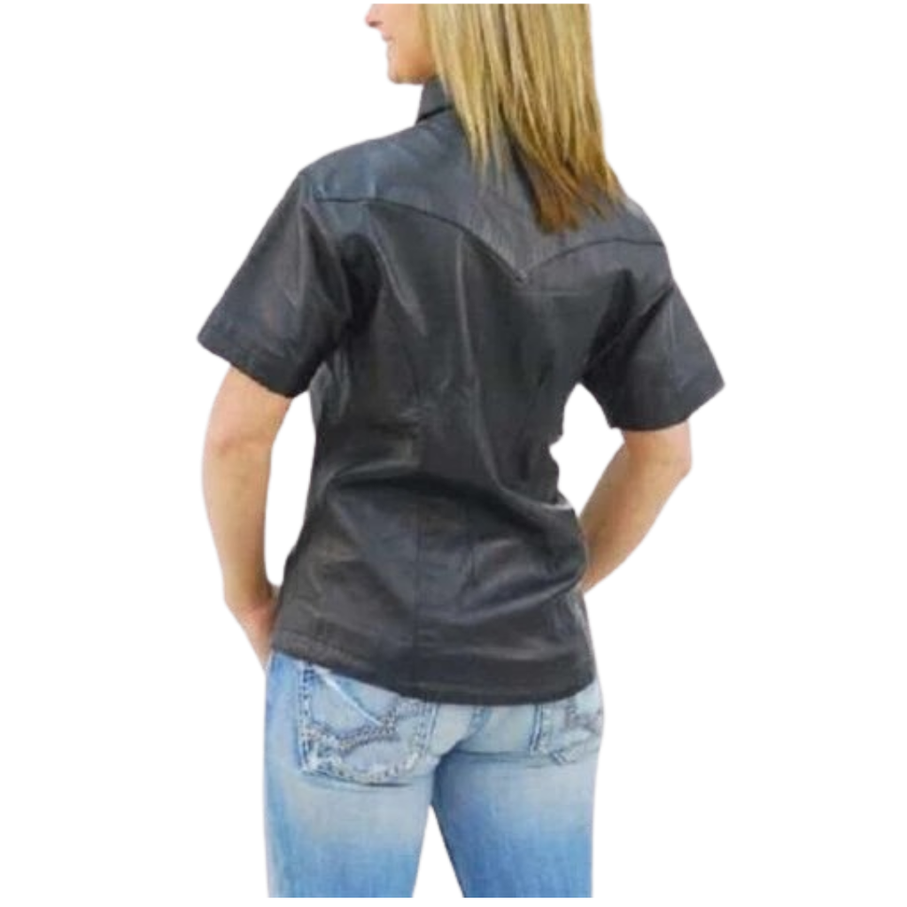 Women's Premium Black Original Leather Short Sleeve Shirt — Snap Buttons, Chest Pockets