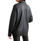 Women's Premium Black Original Leather Longline Shirt — Oversized, Tonal Buttons – leather shirt, back view – Kamercio