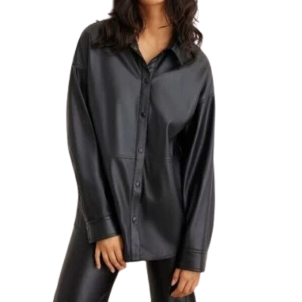 Women's Premium Black Original Leather Longline Shirt — Oversized, Tonal Buttons