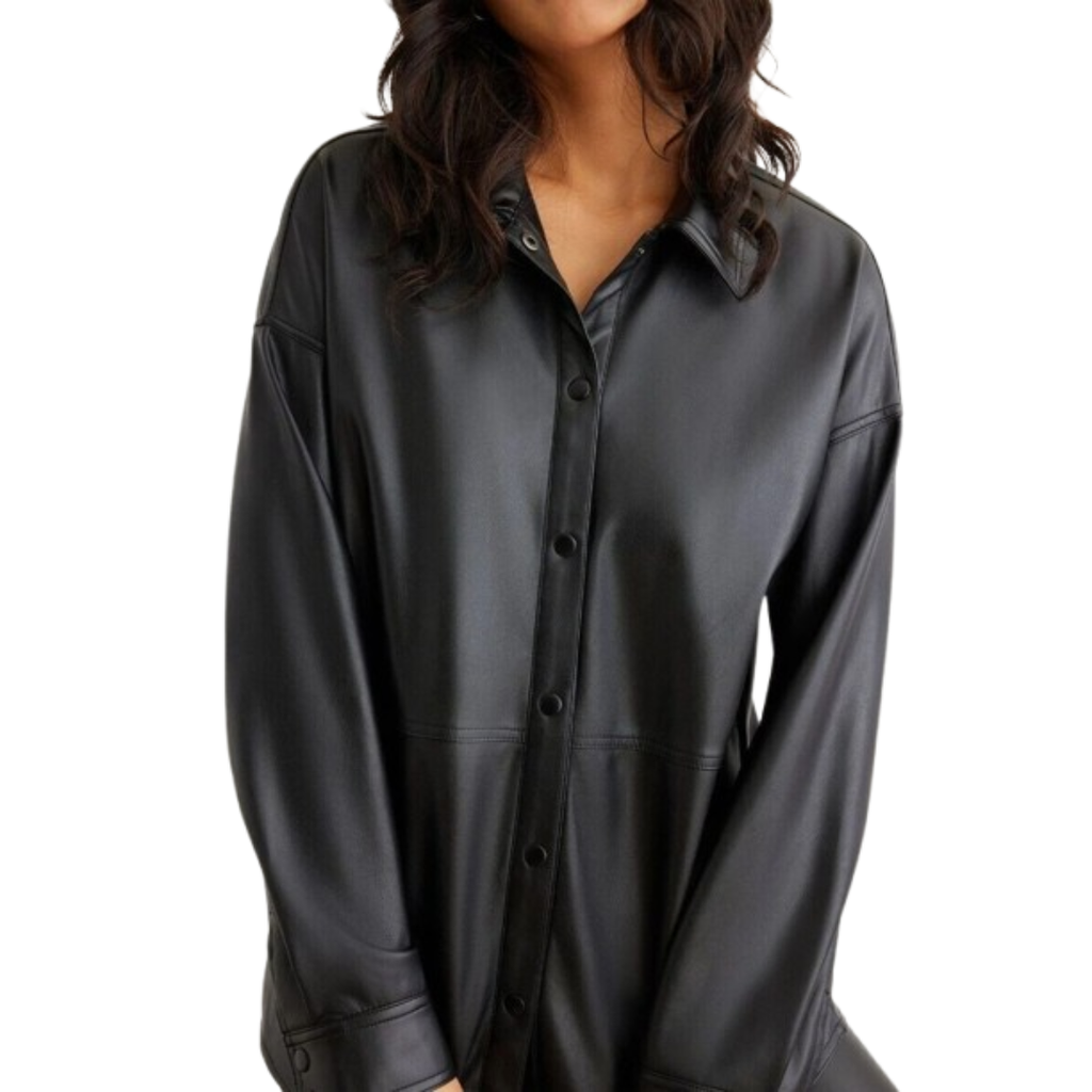 Women's Premium Black Original Leather Longline Shirt — Oversized, Tonal Buttons