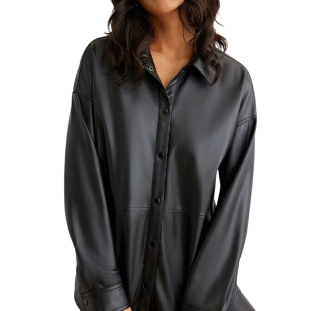 Women's Premium Black Original Leather Longline Shirt — Oversized, Tonal Buttons