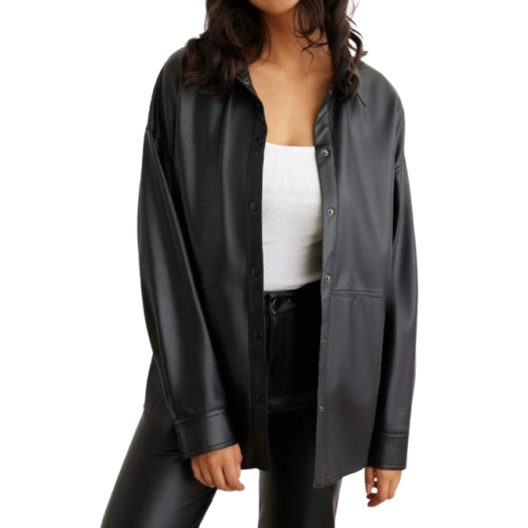 Women's Premium Black Original Leather Longline Shirt — Oversized, Tonal Buttons