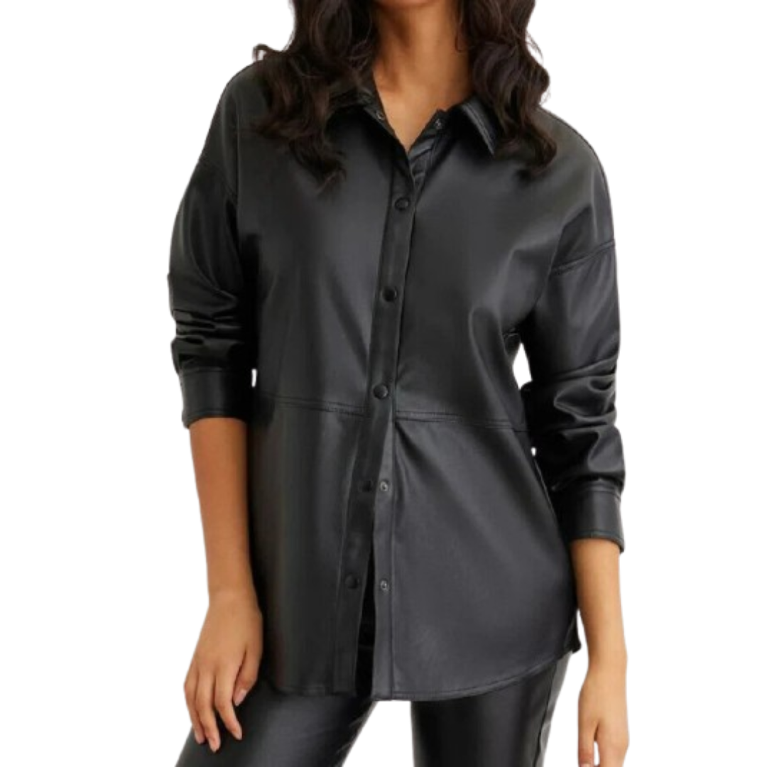 Women's black leather longline oversized shirt with tonal buttons and longer curved hem
