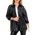 Women's black leather oversized shacket with flap chest pockets and silver snap buttons