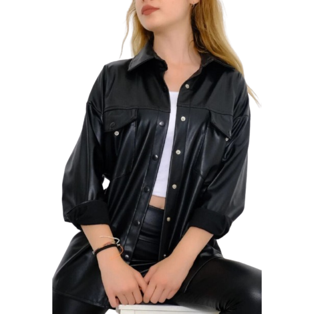 Women's Premium Black Original Leather Oversized Shacket — Flap Pockets, Silver Snap Buttons