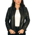 Women's black leather zip-up jacket with shirt collar and fitted silhouette
