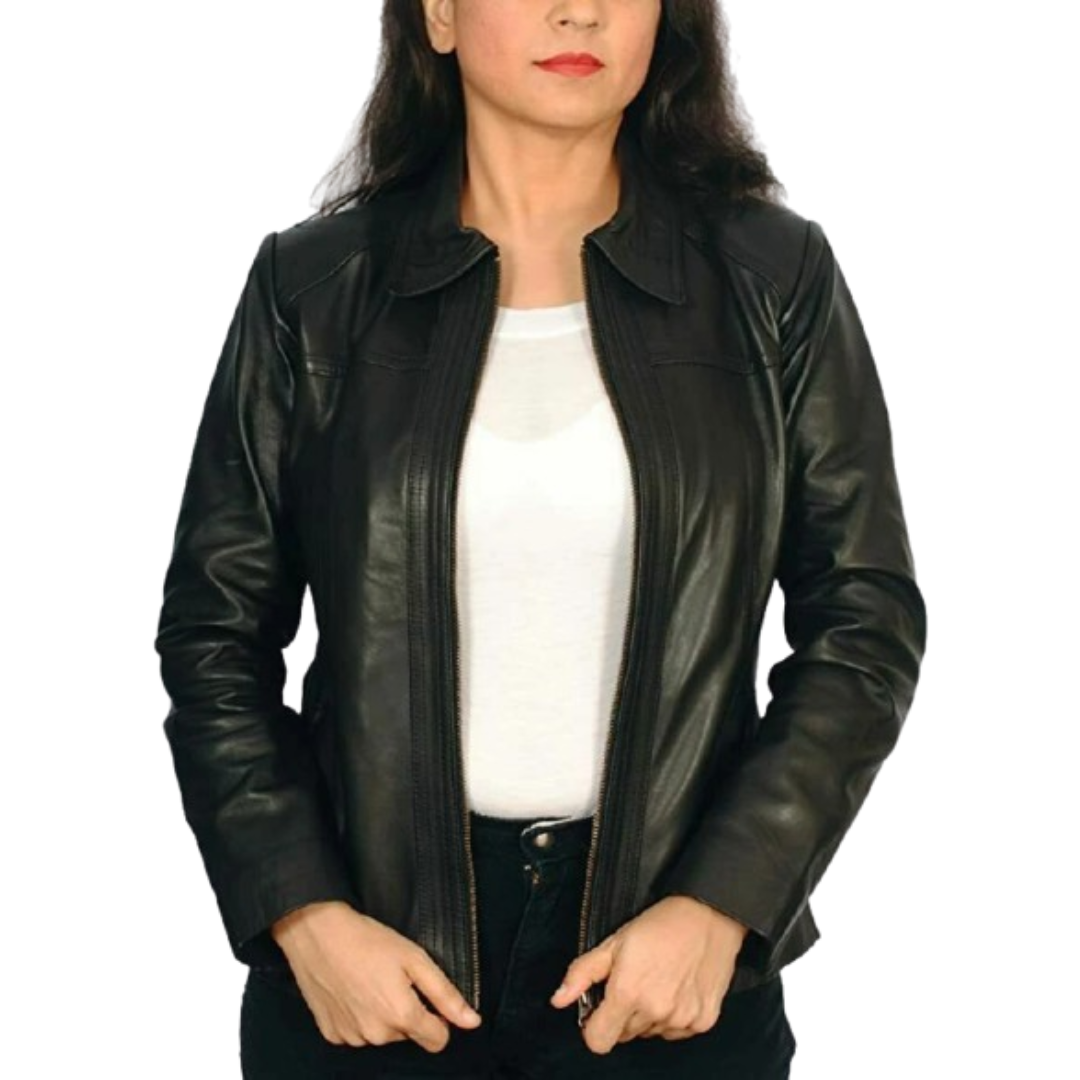 Women's black leather zip-up jacket with shirt collar and fitted silhouette