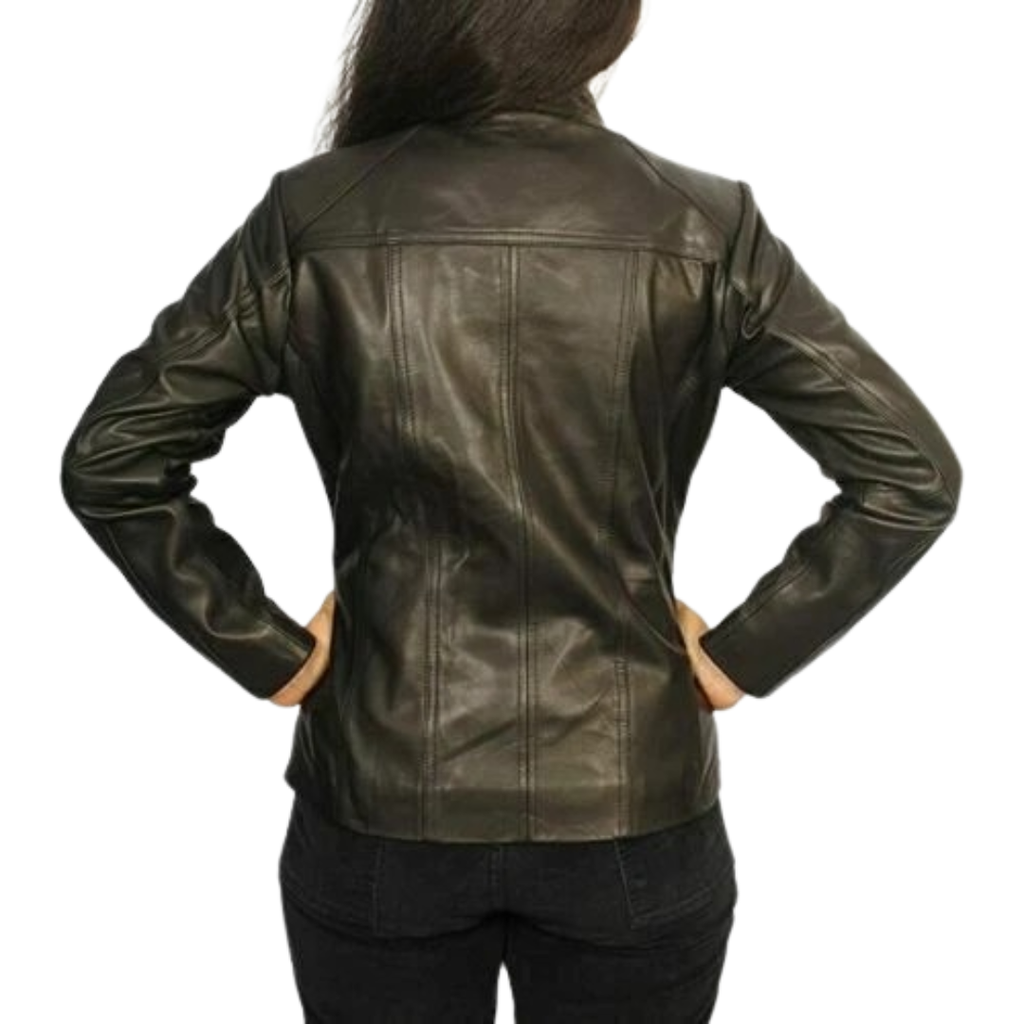 Women's Premium Black Original Leather Zip-Up Jacket — Shirt Collar, Fitted Silhouette