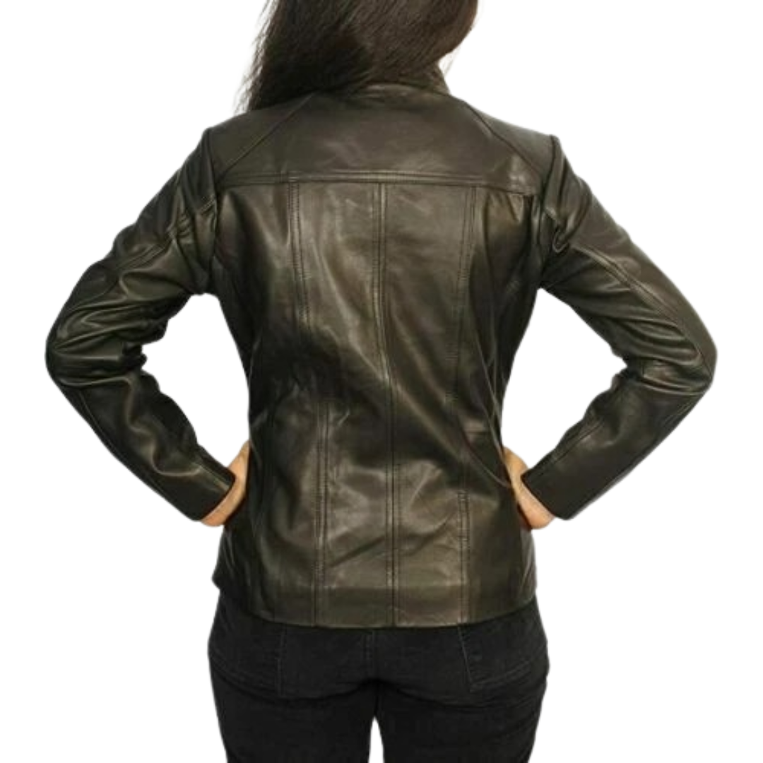 Women's Premium Black Original Leather Zip-Up Jacket — Shirt Collar, Fitted Silhouette