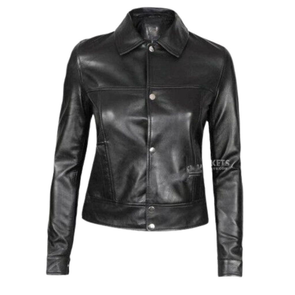 Women's Premium Black Original Leather Snap-Button Shirt Jacket — Twin Chest Pockets, Point Collar