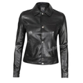 Women's Premium Black Original Leather Snap-Button Shirt Jacket — Twin Chest Pockets, Point Collar