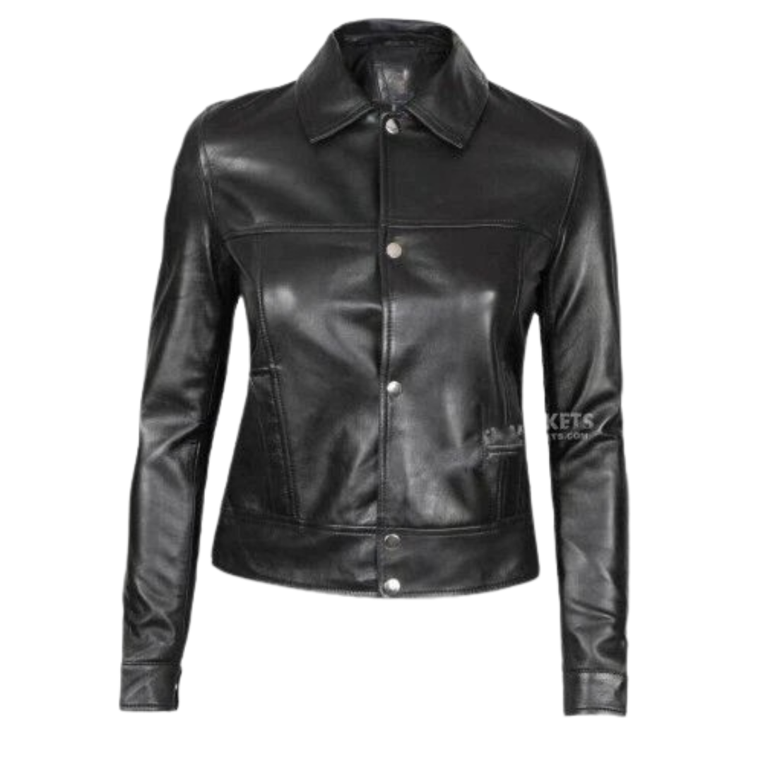 Women's Premium Black Original Leather Snap-Button Shirt Jacket — Twin Chest Pockets, Point Collar