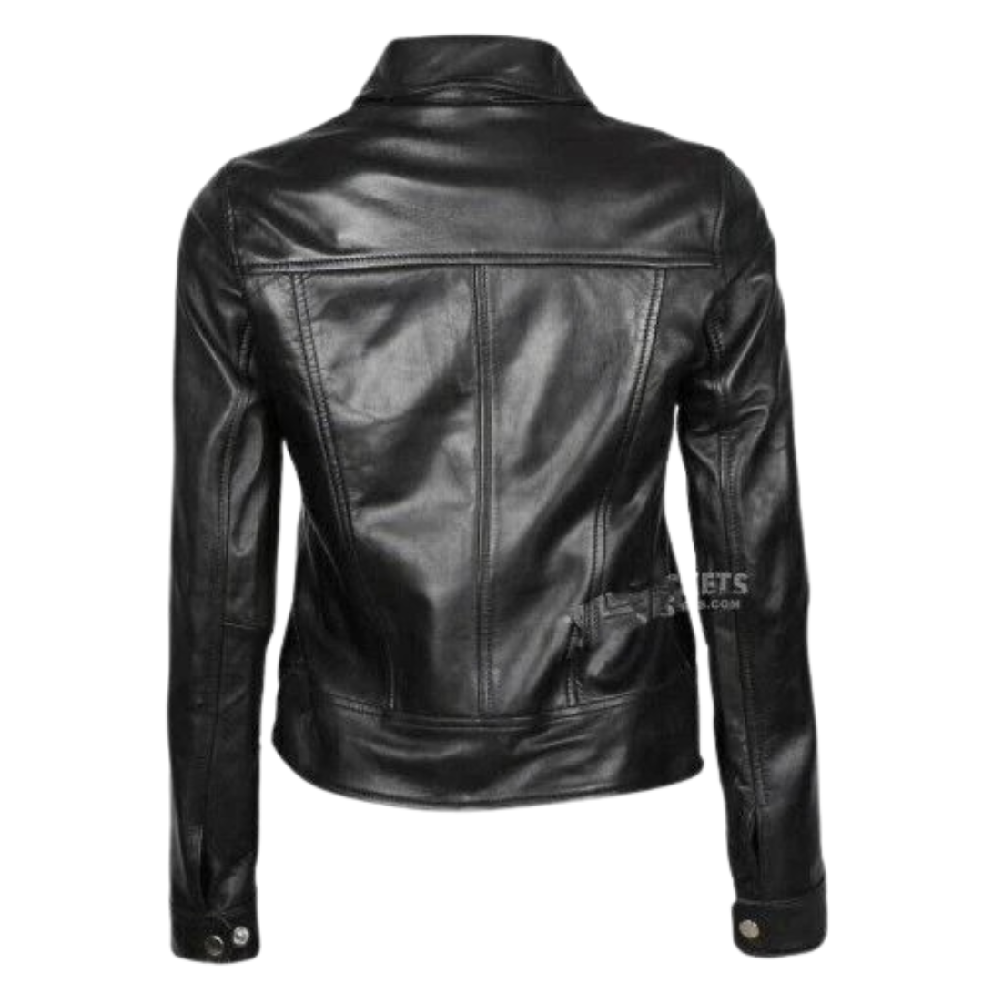 Women's Premium Black Original Leather Snap-Button Shirt Jacket — Twin Chest Pockets, Point Collar