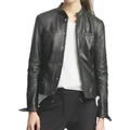 Women's black leather band collar shirt jacket worn open with snap buttons and drawstring hem