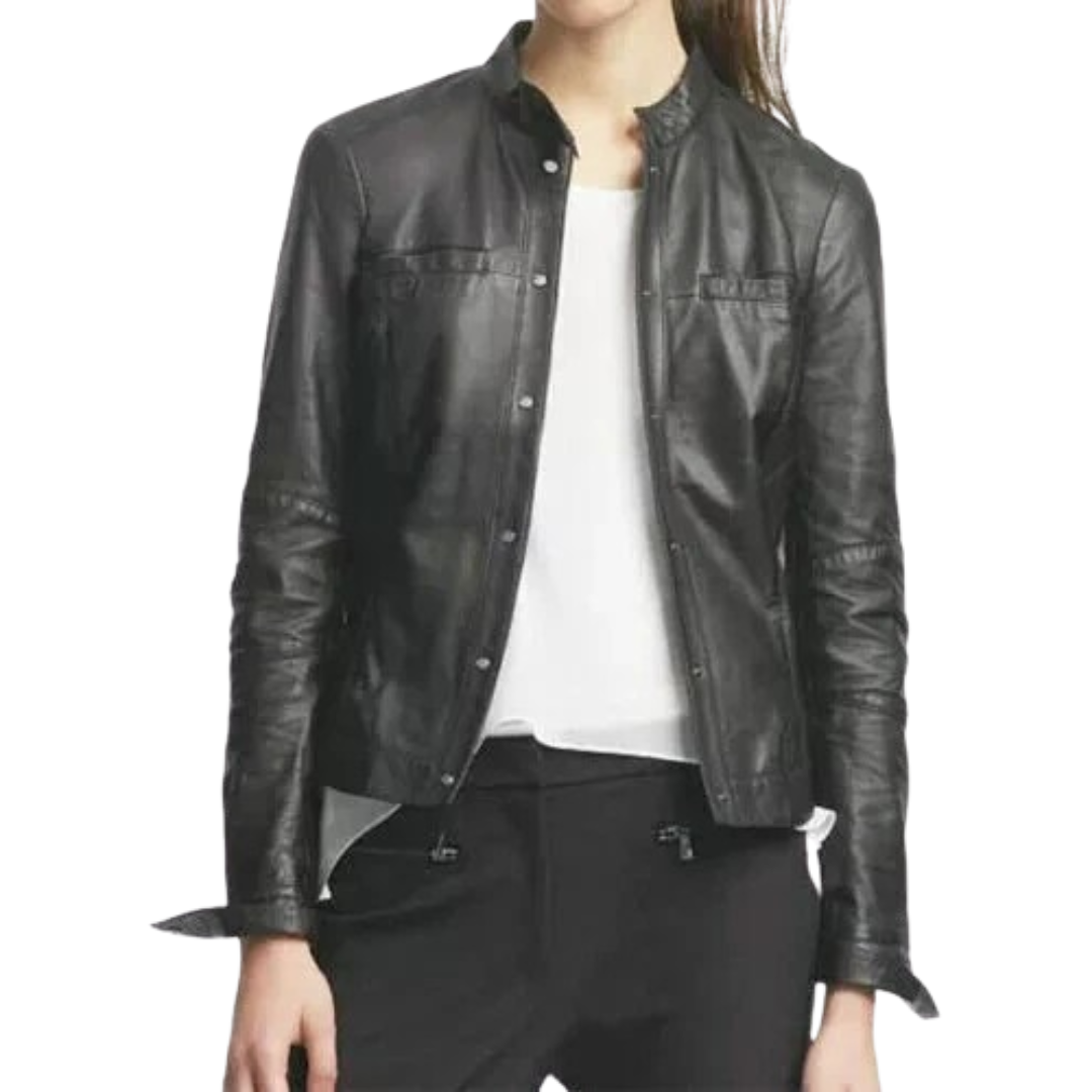 Women's black leather band collar shirt jacket worn open with snap buttons and drawstring hem