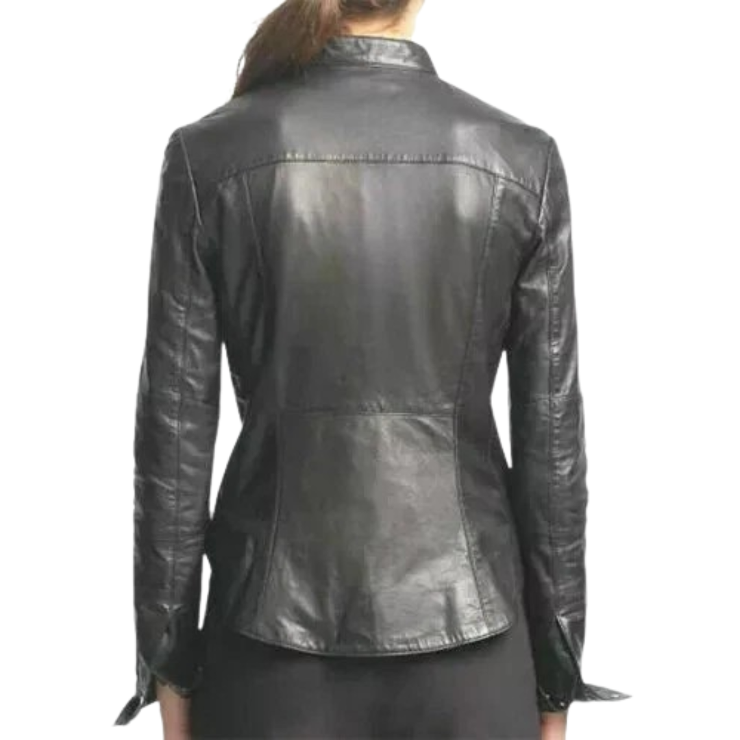 Women's Premium Black Original Leather Band Collar Shirt Jacket — Snap Buttons, Drawstring Hem