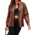 Women's brown leather shirt jacket oversized shacket with snap buttons