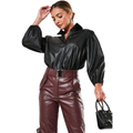 Women's black leather puff sleeve shirt with balloon sleeves and button front