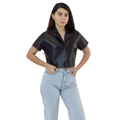 Women's black leather cropped shirt with short sleeves and button front