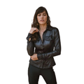 Women's black leather fitted shirt with point collar and dual chest pockets