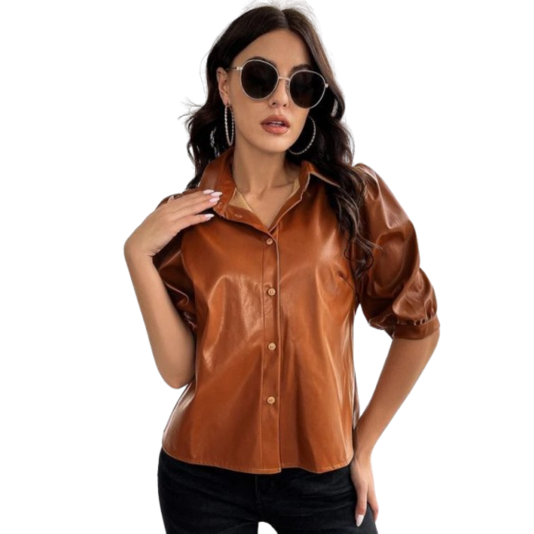 Women's tan cognac leather puff sleeve shirt with button front and point collar
