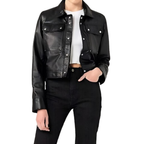 Women's black leather cropped trucker jacket with snap buttons and dual chest pockets