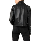 Women's Premium Black Original Leather Cropped Trucker Jacket — Snap Button Boxy Fit