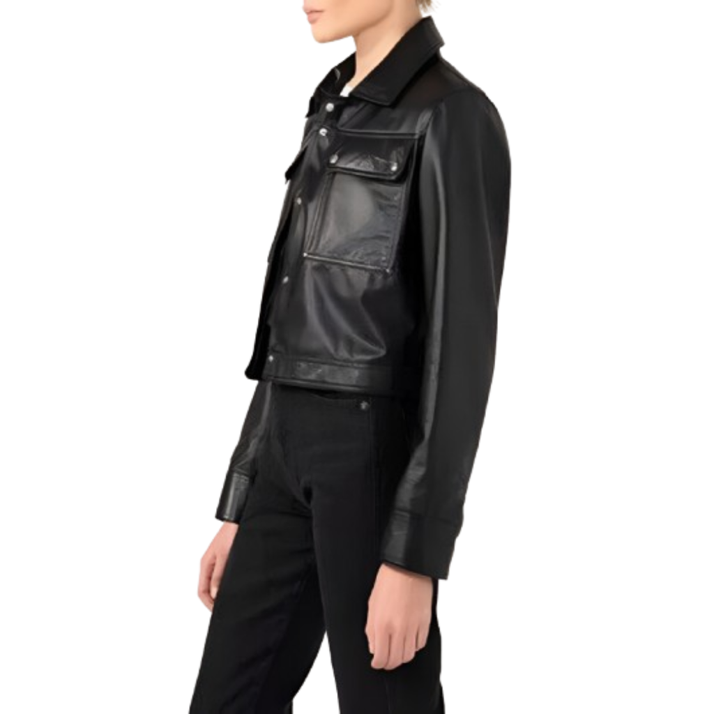 Women's Premium Black Original Leather Cropped Trucker Jacket — Snap Button Boxy Fit