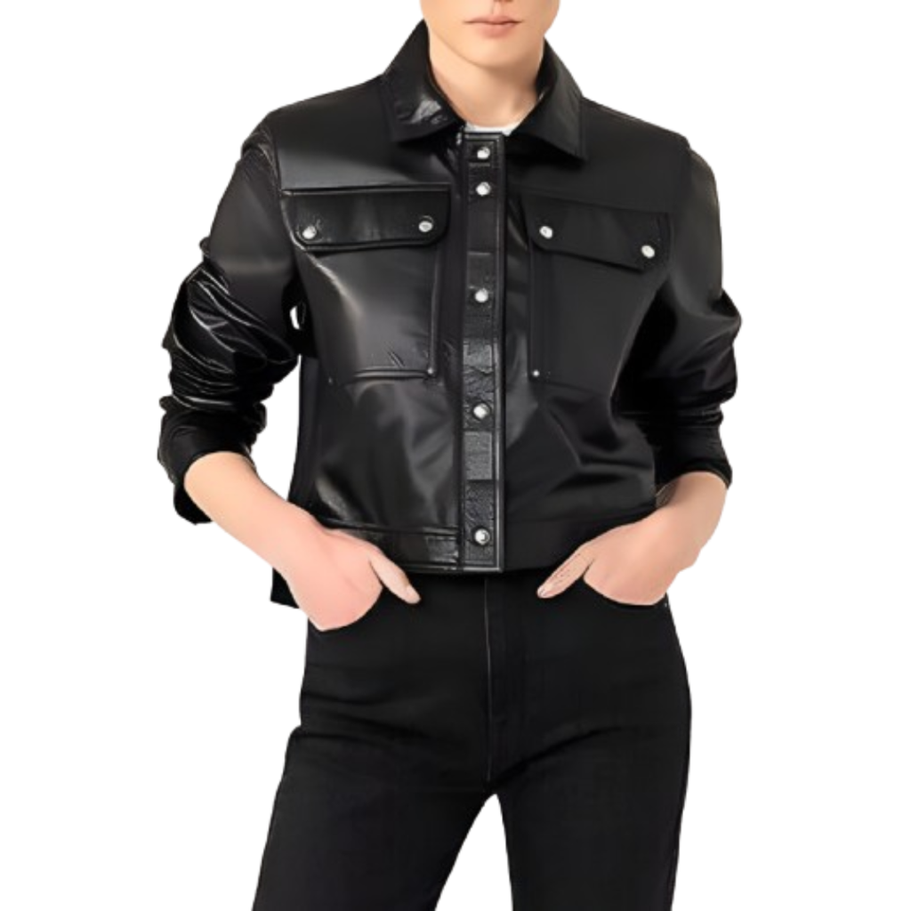 Women's Premium Black Original Leather Cropped Trucker Jacket — Snap Button Boxy Fit