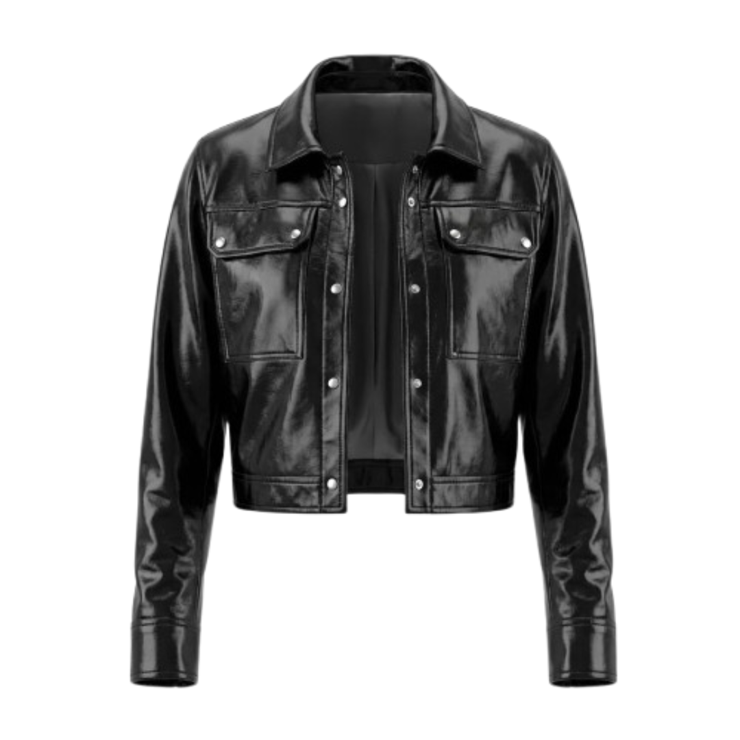 Women's Premium Black Original Leather Cropped Trucker Jacket — Snap Button Boxy Fit