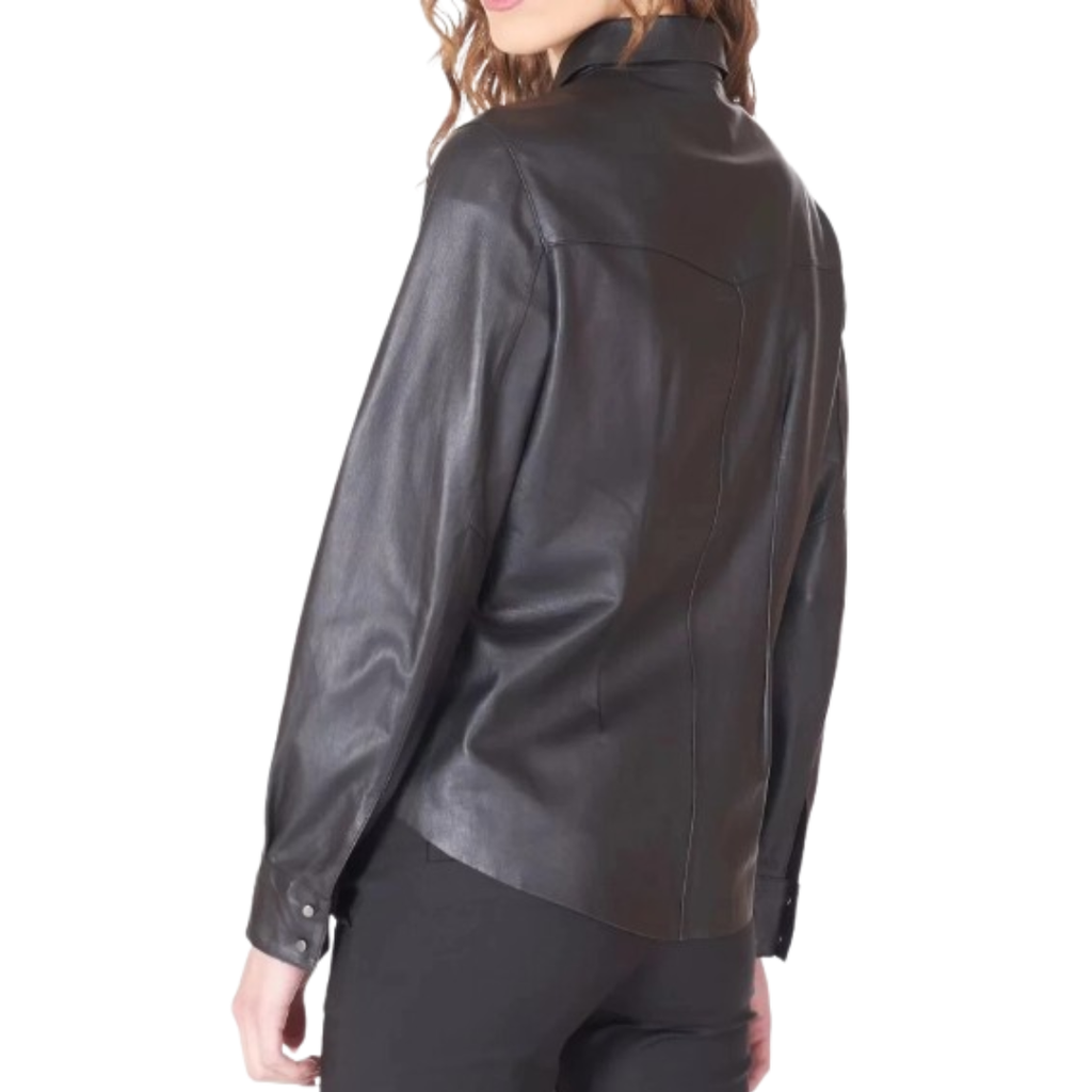 Women's Premium Black Original Leather Relaxed Shirt — Long Sleeve Snap Button