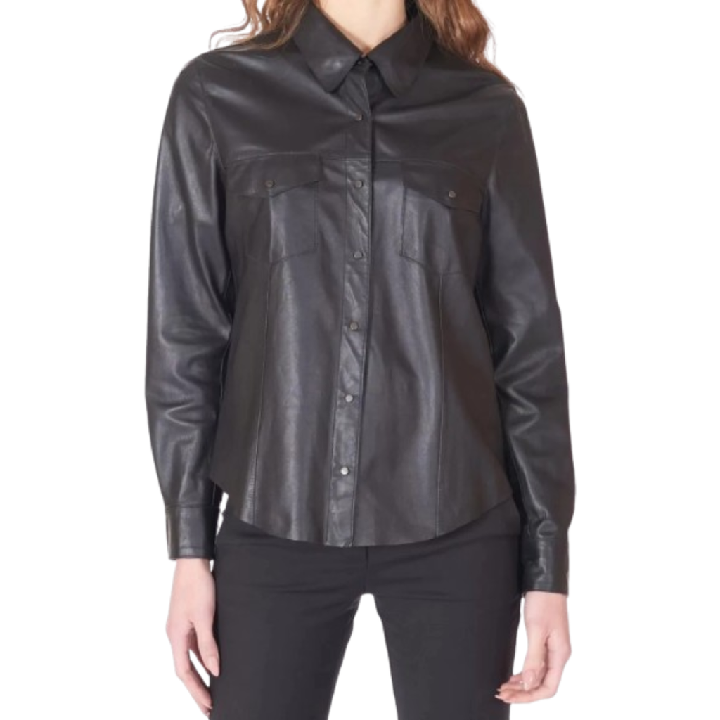 Women's black leather relaxed shirt with snap buttons, dual chest pockets and long sleeves