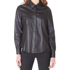 Women's black leather relaxed shirt with snap buttons, dual chest pockets and long sleeves
