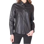 Women's Premium Black Original Leather Relaxed Shirt — Long Sleeve Snap Button